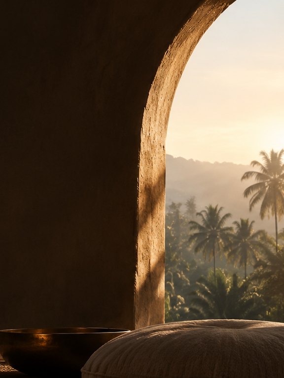 An arched doorway opening onto palm trees and hills at sunrise